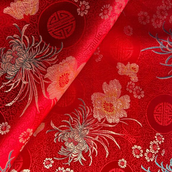 Red Gold Blue Chinese Satin Floral Brocade Fabric 44 x 359 Over 8 Yards - Picture 9 of 9